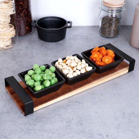 Grupa Orion Sp. z o.o. Miseczki miski ceramiczne do dipów na przekąski na tacy drewnianej czarne zestaw 4 el.