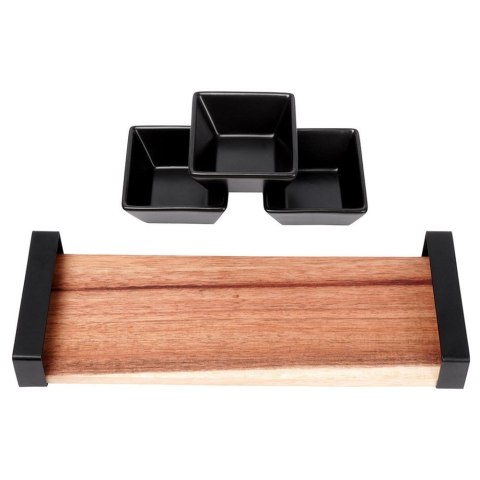 Grupa Orion Sp. z o.o. Miseczki miski ceramiczne do dipów na przekąski na tacy drewnianej czarne zestaw 4 el.