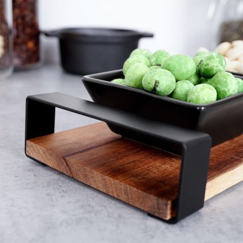 Grupa Orion Sp. z o.o. Miseczki miski ceramiczne do dipów na przekąski na tacy drewnianej czarne zestaw 4 el.