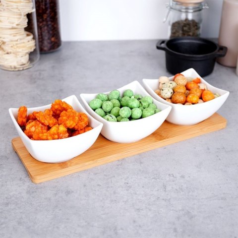 Grupa Orion Sp. z o.o. Miseczki miski do dipów przekąsek porcelanowe na desce bambusowej zestaw 4 el.