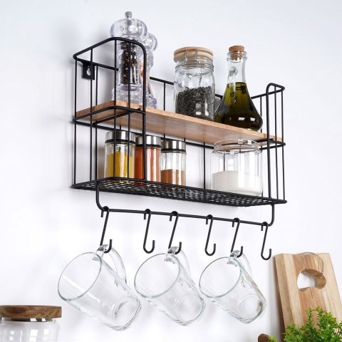 Grupa Orion Sp. z o.o. Półka Kuchenna z Wieszakami Metalowa Loft Czarna VILDE 41 x 12 x 25,5 cm