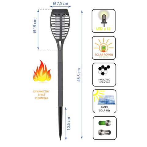POCHODNIA LAMPA SOLARNA TAŃCZĄCE PŁOMYKI 12 LED SMD 7,5x7,5x46,5CM SZARA