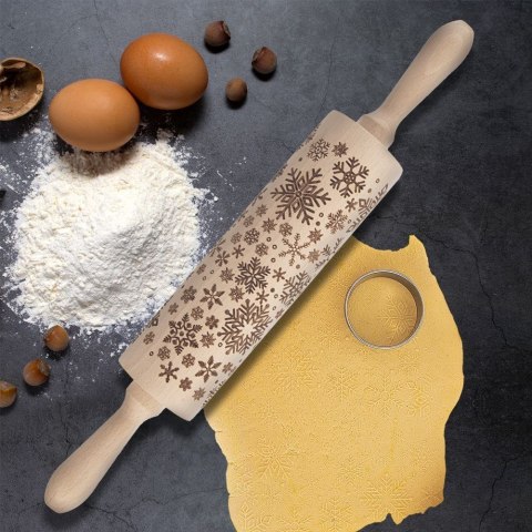 Grupa Orion Sp. z o.o. Wałek do Ciasta Dekoracyjny Drewniany Obrotowy Płatki Śniegu ORION 39 cm