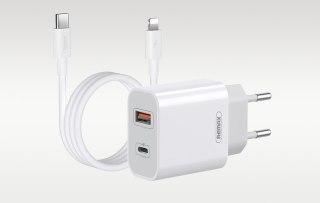 Remax Ładowarka sieciowa Remax, RP-U68, USB-C, USB, 20W (biała) + kabel Lightning