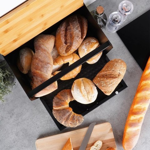 Grupa Orion Sp. z o.o. Chlebak Metalowy VILDE Czarny 35,5 x 22 x 20,5 cm z Pokrywą i Deską