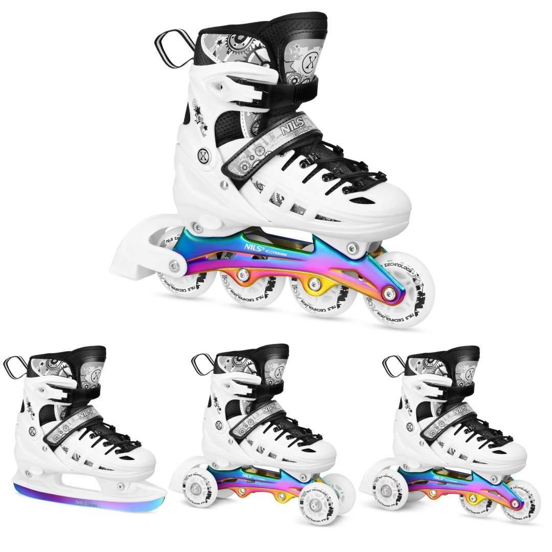 NH10905 4w1 ŁYŻWOROLKI LED BIAŁE Z WYM. PŁOZĄ HOKEJOWĄ RAINBOW ROZM. M(35-38) NILS EXTREME