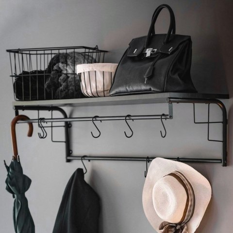 Grupa Orion Sp. z o.o. Wieszak Ścienny z Półką Dekoracyjny Czarny z Haczykami Solidny VILDE