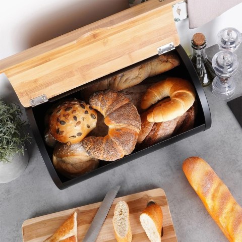 Vilde Chlebak Pojemnik na Chleb Stalowy Drewniany Czarny VILDE 38 x 24 x 20 cm