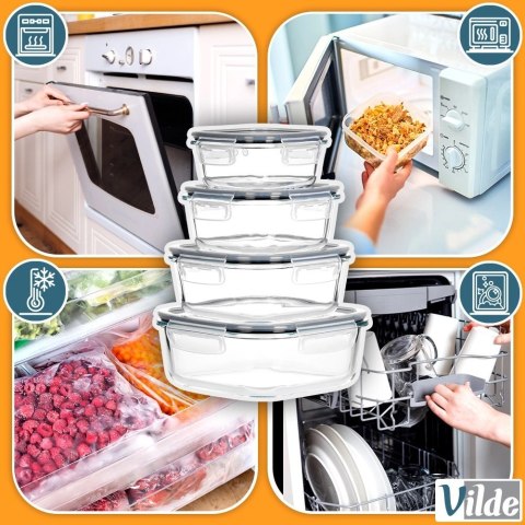 Vilde Pojemniki na żywność szklane z pokrywką i uszczelką kwadratowe 4 szt.