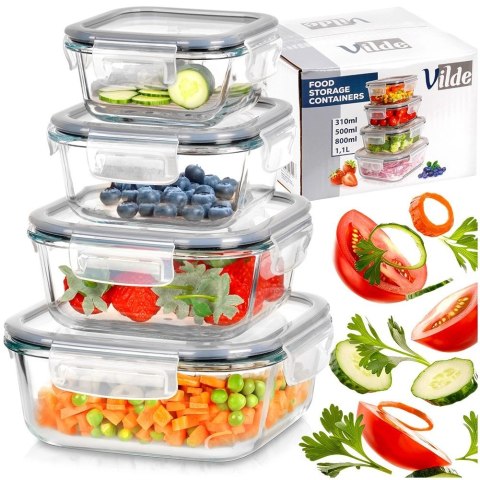 Vilde Pojemniki na żywność szklane z pokrywką i uszczelką kwadratowe 4 szt.