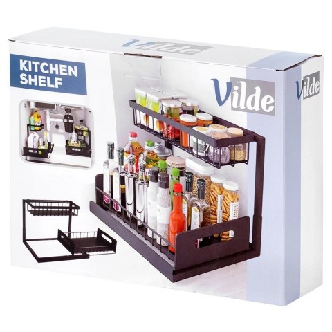 Vilde Półka kuchenna z wysuwaną szufladą dwupoziomowa metalowa czarna 36x27x28,5 cm