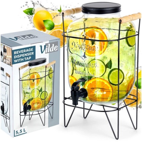 Vilde Słój Dozownik do Napojów z Kranikiem Czarnym Stojakiem Szklany VILDE 5,5 L