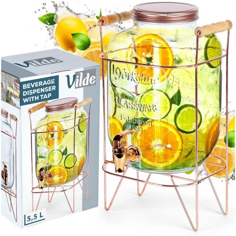 Vilde Słój Dozownik do Napojów z Kranikiem Złotym Stojakiem Szklany VILDE 5,5 L