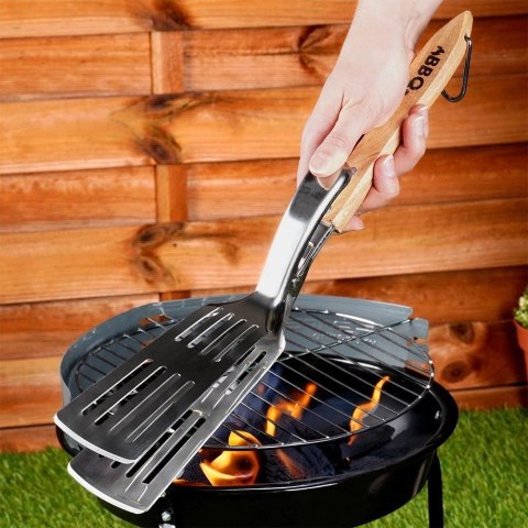 AM/63 Łopatka do Grilla ze Szczypcami 2w1 Stalowa 40 cm Drewniana Rączka BBQ