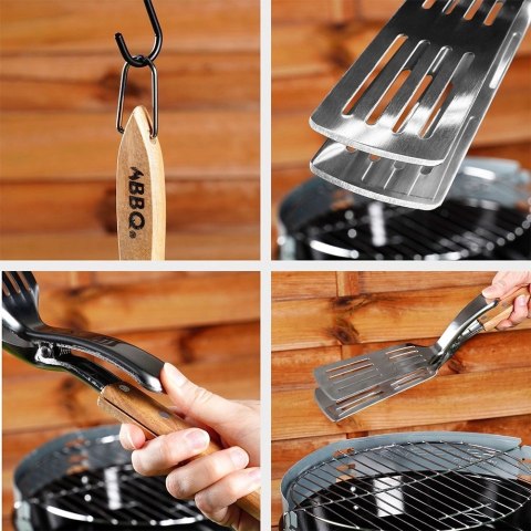 AM/63 Łopatka do Grilla ze Szczypcami 2w1 Stalowa 40 cm Drewniana Rączka BBQ