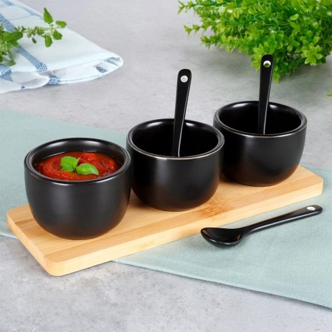 Grupa Orion Sp. z o.o. Miseczki na Przekąski 90 ml 3 szt z Łyżeczkami z Tacą Bambusową VILDE