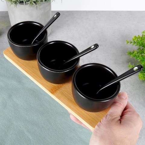 Grupa Orion Sp. z o.o. Miseczki na Przekąski 90 ml 3 szt z Łyżeczkami z Tacą Bambusową VILDE