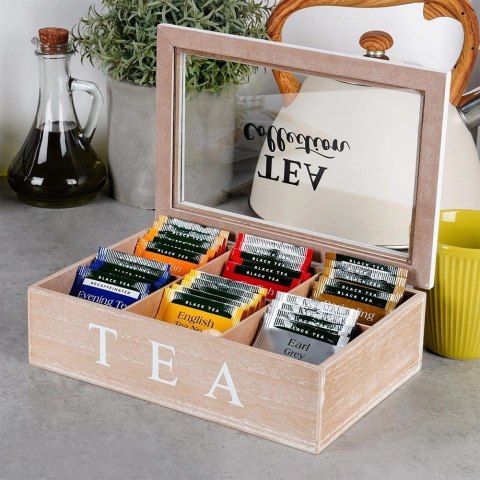 Grupa Orion Sp. z o.o. Pojemnik Herbatę Drewniany z Przegródkami 24,5 x 16 x 7 cm VILDE z Napisem