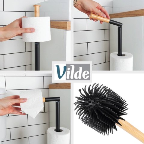 Grupa Orion Sp. z o.o. Stojak Łazienkowy Ze Szczotką WC Czarny 2W1 Bambus Silikon 66 cm VILDE