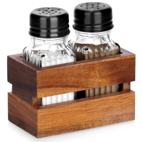 Grupa Orion Sp. z o.o. Solniczka Pieprzniczka Ryflowana Drewniany Stojak Brąz 60 ml VILDE