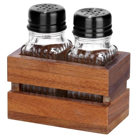 Grupa Orion Sp. z o.o. Solniczka Pieprzniczka Ryflowana Drewniany Stojak Brąz 60 ml VILDE