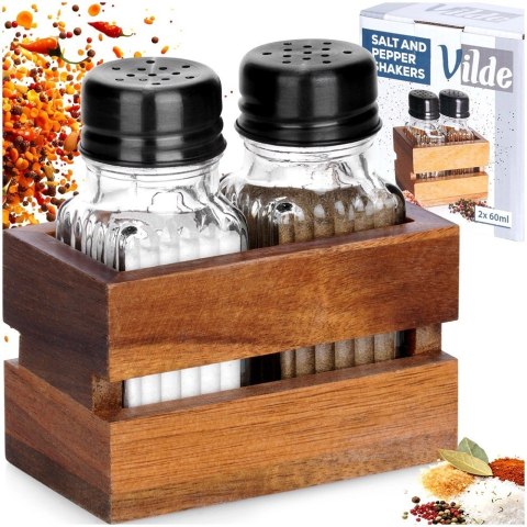 Grupa Orion Sp. z o.o. Solniczka Pieprzniczka Ryflowana Drewniany Stojak Brąz 60 ml VILDE