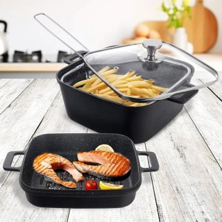 Grupa Orion Sp. z o.o. Garnki Granitowe ze Szklaną Pokrywką Patelnią Grillową Koszyczkiem 4 El.