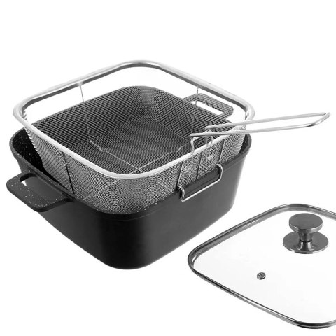 Grupa Orion Sp. z o.o. Garnki Granitowe ze Szklaną Pokrywką Patelnią Grillową Koszyczkiem 4 El.