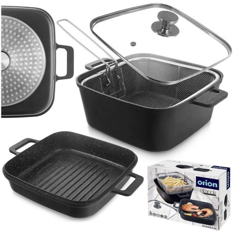 Grupa Orion Sp. z o.o. Garnki Granitowe ze Szklaną Pokrywką Patelnią Grillową Koszyczkiem 4 El.