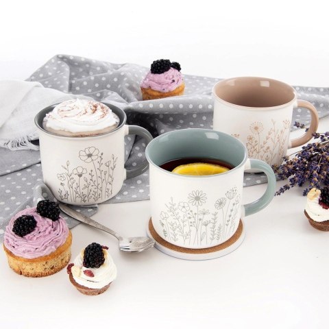 Grupa Orion Sp. z o.o. Kubek Porcelanowy 400 ml ORION Kwiaty Biały ze Szarym Wnętrzem do Zmywarki