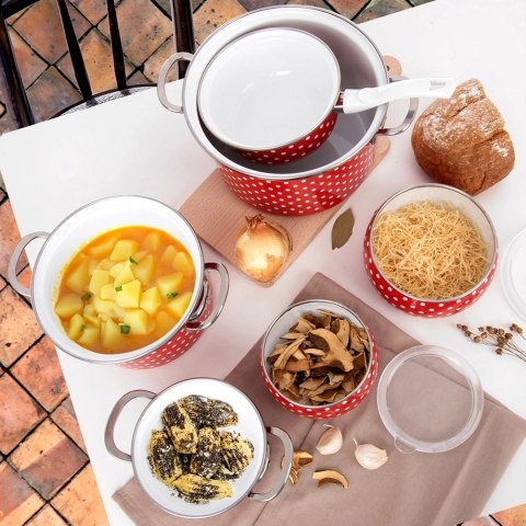 Grupa Orion Sp. z o.o. Miska Emaliowana TECKA 1 L z Pokrywką Czerwony Groszek do Zmywarki ORION