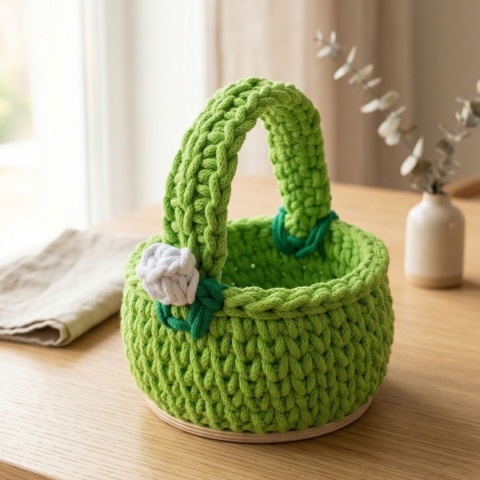 KOSZYK WIELKANOCNY NA ŚWIĘCONKĘ RĘKODZIEŁO SZNUREK BAWEŁNIANY HANDMADE ZIELONY