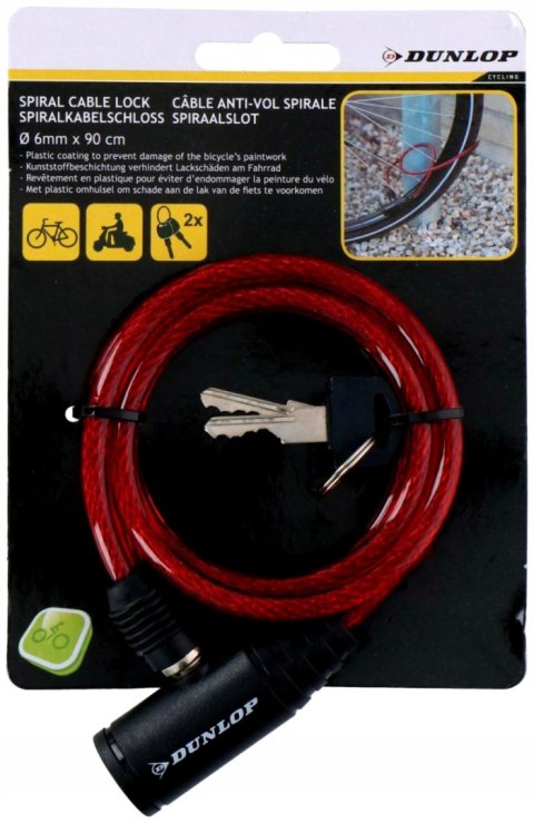 ZAPIĘCIE ROWEROWE DUNLOP SPIRALNE NA KLUCZ 0,6x90CM CZERWONE DUNLOP