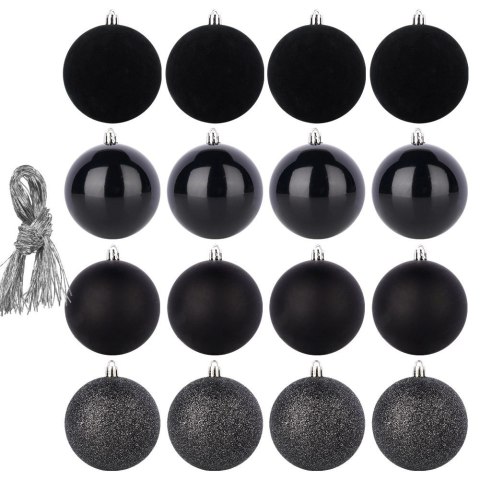 Orion Bombki Choinkowe Czarne 16 szt. Nietłukące 6 cm Mat Błysk Welur Brokat