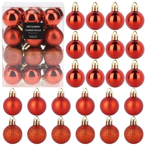 Orion Bombki Czerwone 24 szt. Nietłukące 3 cm Komplet Mat/Błysk/Brokat Dekor