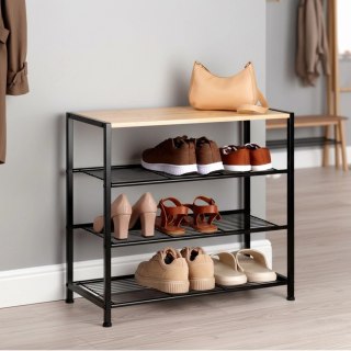 Orion Regał na Buty 3 Poziomy Metal Czarny Półka Bambus 60 x 30 x 57 cm
