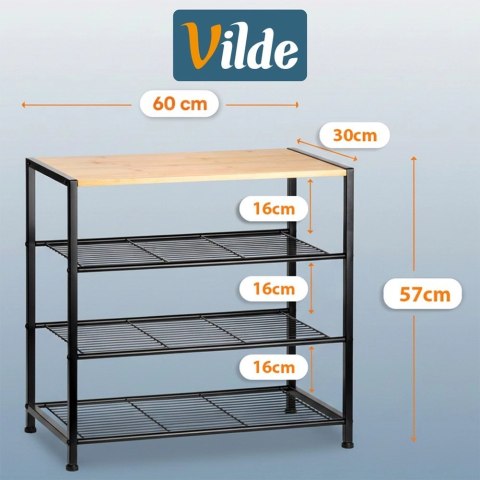 Orion Regał na Buty 3 Poziomy Metal Czarny Półka Bambus 60 x 30 x 57 cm