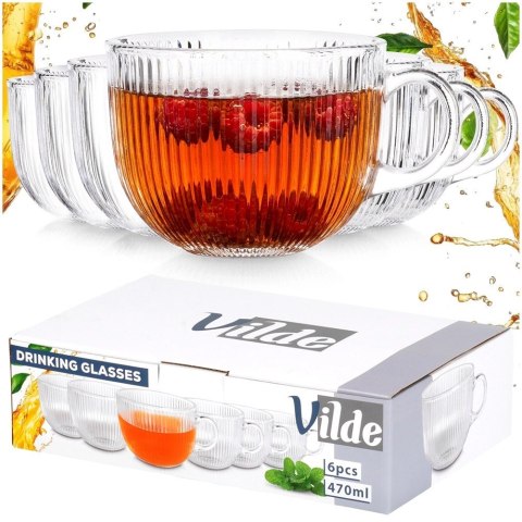 Orion Zestaw 6 Szklanek XXL 470 ml z Uchem do Kawy Herbaty Ryflowane VILDE