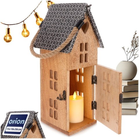 Grupa Orion Sp. z o.o. Lampion Latarnia Drewniana Domek Drewno Mango na Świece LED 35,5 cm ORION