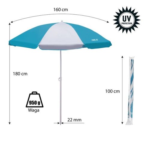 NC7813 TURKUSOWY PARASOL PLAŻOWY 180 CM NILS