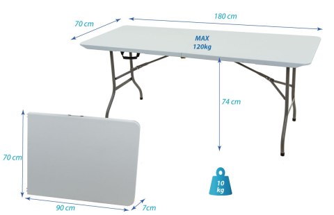 STÓŁ CATERINGOWY BANKIETOWY SKŁADANY W WALIZKĘ 180X70CM MAX.120KG Kolor: Biały